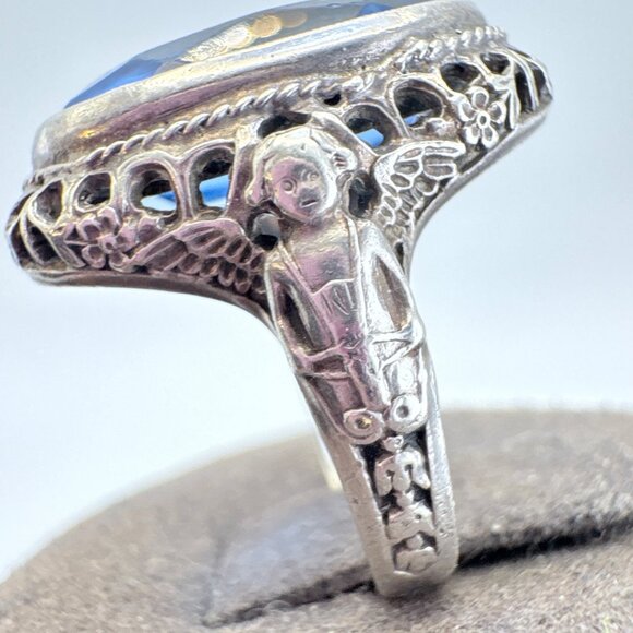 VTG Sterling Silver 925 Blue Cubic Zirconia Rope Border Statement Ring Size 6 - Picture 2 of 12